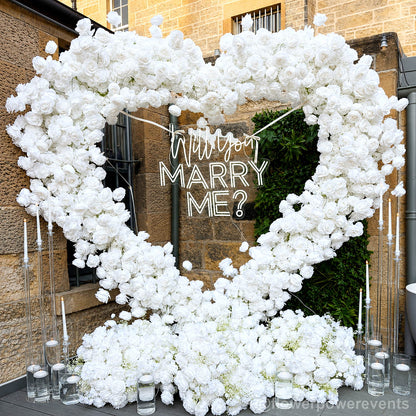White heart flower wall will you marry me backdrop