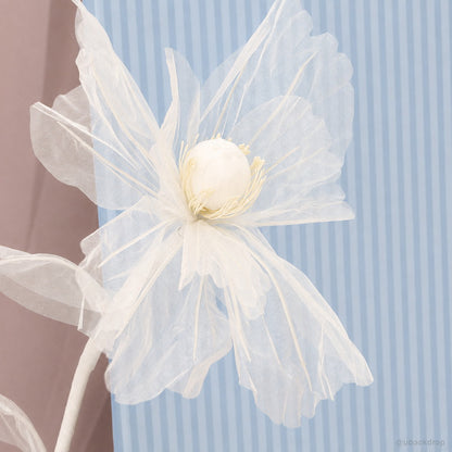 White organza flower blue panel party backdrop detail
