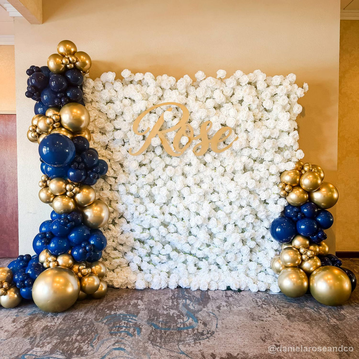 White rose flower wall blue gold balloon garland event backdrop 2
