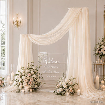 White sheer drapery frame party stand wedding welcome backdrop