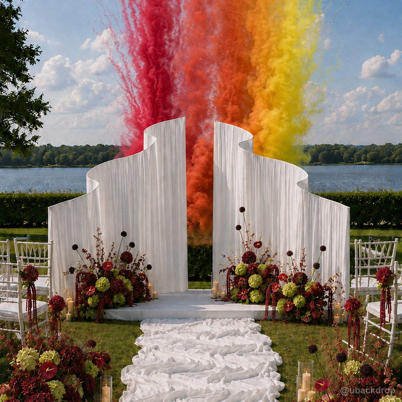 White wavy curved wedding ceremony backdrop color smoke