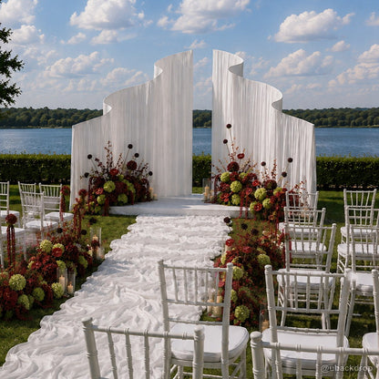 White wavy curved wedding ceremony backdrop stand lakeside