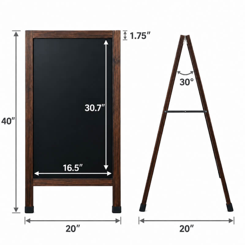 Wooden a frame chalkboard sign showing measurements and dimensions