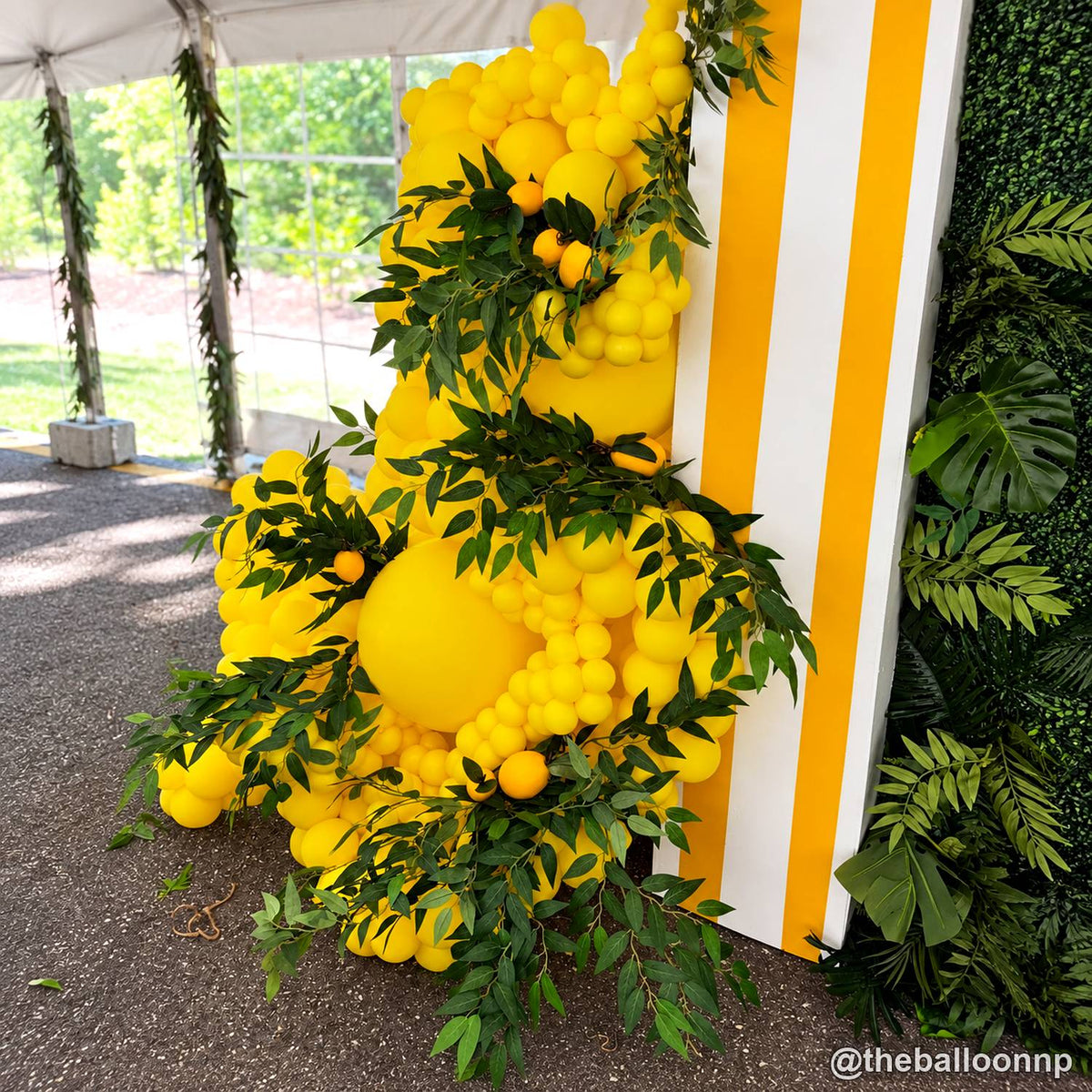 Yellow balloon greenery flower wall detail party decoration