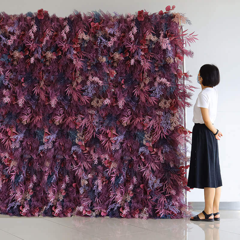 3D Purple Boho Wedding Decor Faux Spruce Leaf Flower Wall Backdrop-ubackdrop