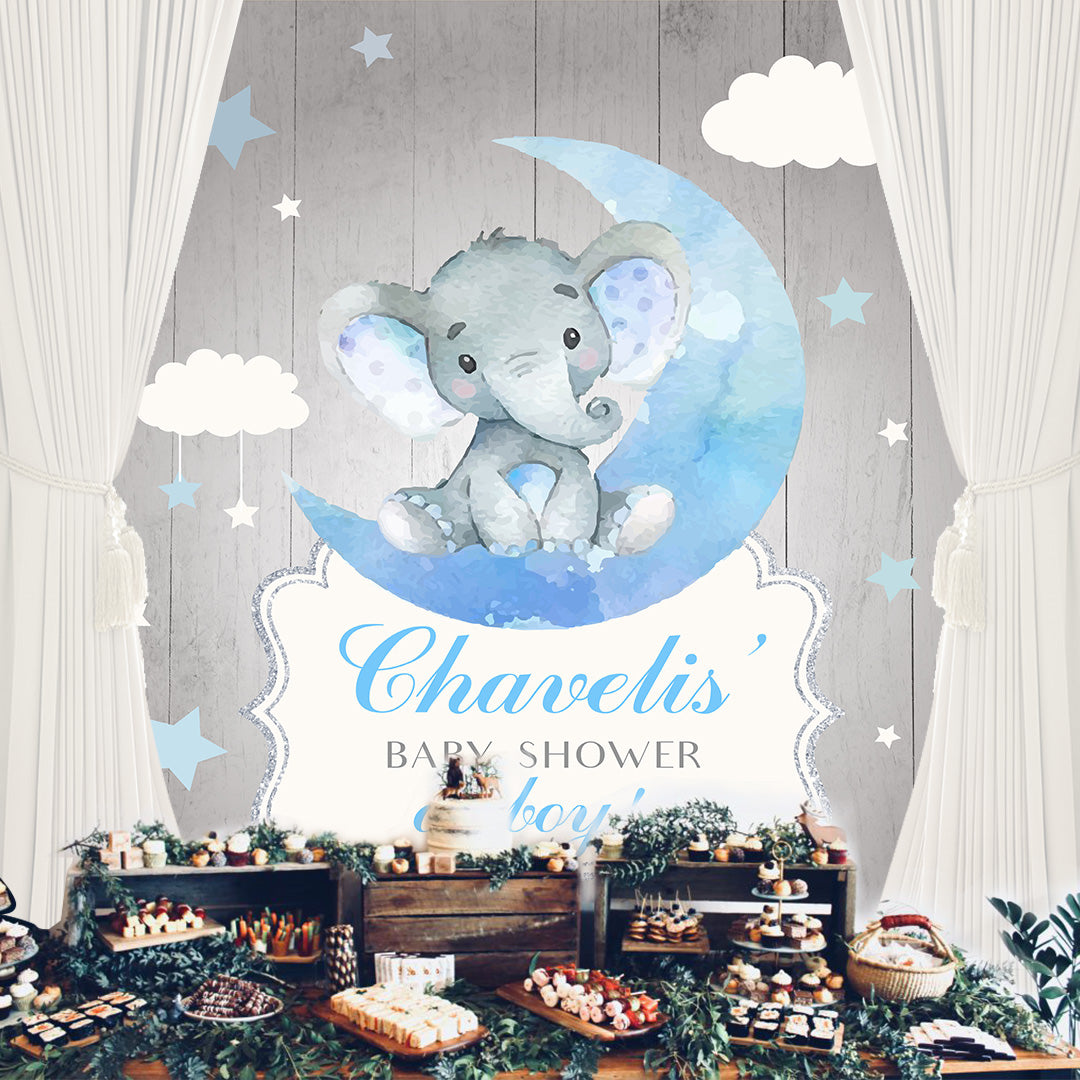 Elephant Boy Table Backdrop Moon& Clouds&Stars Kids Birthday-ubackdrop