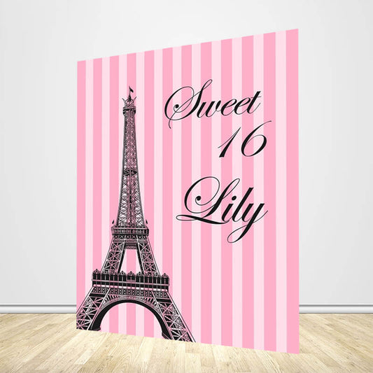 16th Birthday Backdrop Eiffel Tower Pink Stripes-ubackdrop