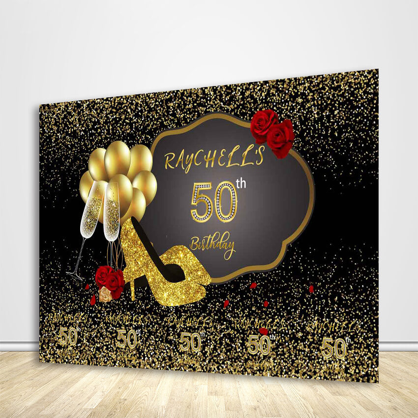 50th Birthday Backdrop Black and Gold Step and Repeat Birthday Banner-ubackdrop