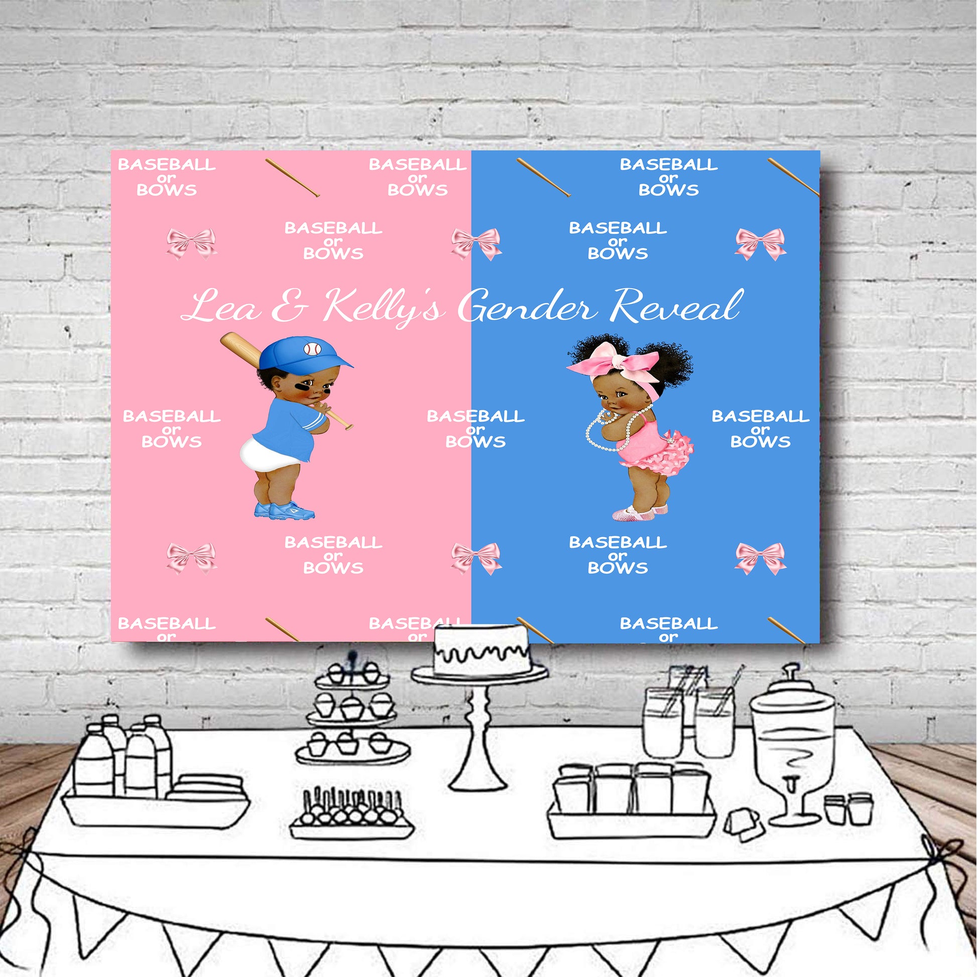 Baseball or Bows Gender Reveal Backdrop-ubackdrop