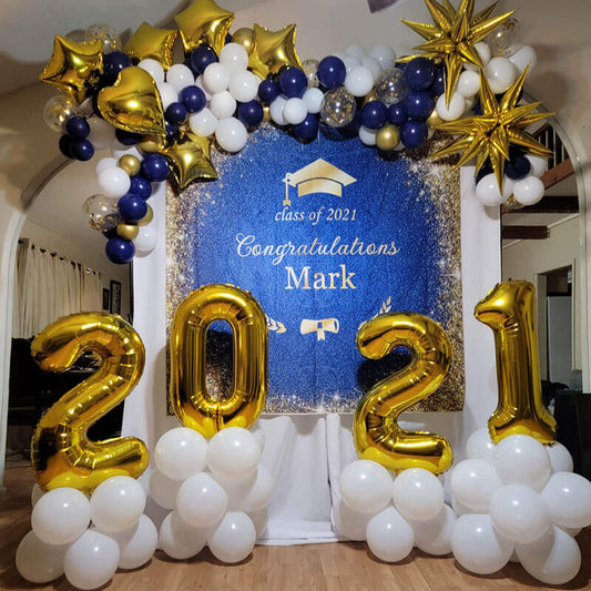 Gold and Blue Graduation Backdrop - Designed, Printed & Shipped-ubackdrop