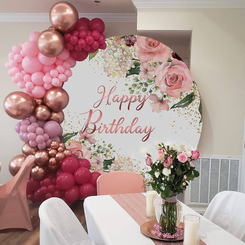 Happy Birthday Pink Floral Round Backdrop Cover-ubackdrop