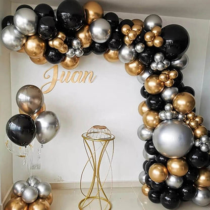 Black Gold Silver Birthday Balloon Garland Arch Kit-ubackdrop