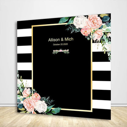 Black White Stripes Blush Floral Wedding Backdrop-ubackdrop