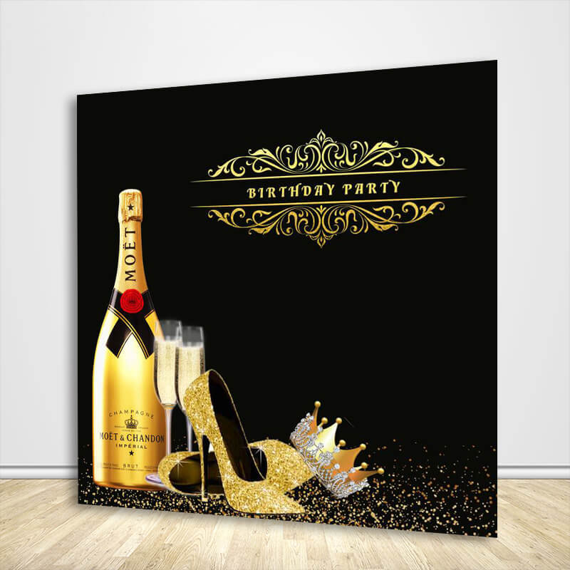 Black and Gold Backdrop 50th Birthday Backdrop Ideas Champagne High Heels Wine Glass Crown-ubackdrop