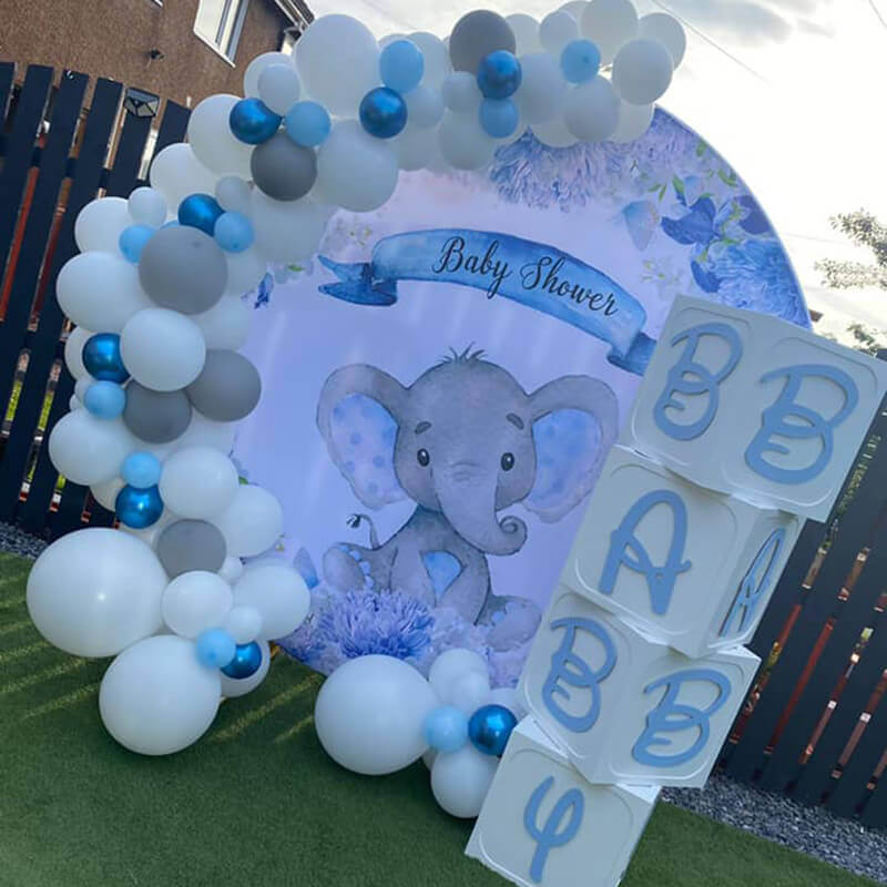 Blue Elephant Boy Baby Shower Round Backdrop Cover-ubackdrop