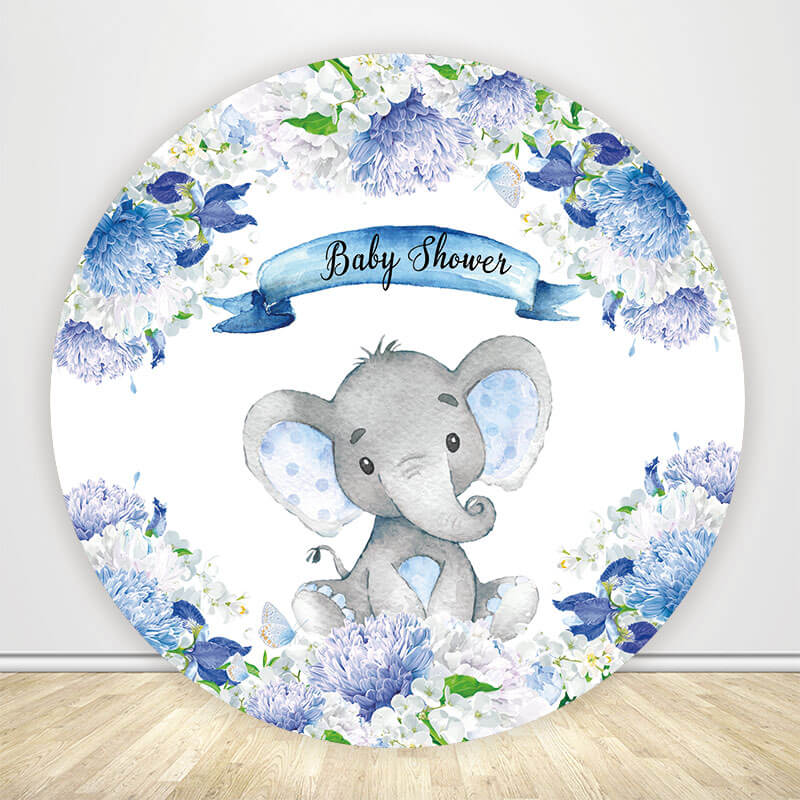 Blue Elephant Boy Baby Shower Round Backdrop Cover-ubackdrop