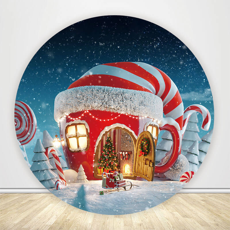 Christmas Hat House Snow Round Backdrop-ubackdrop