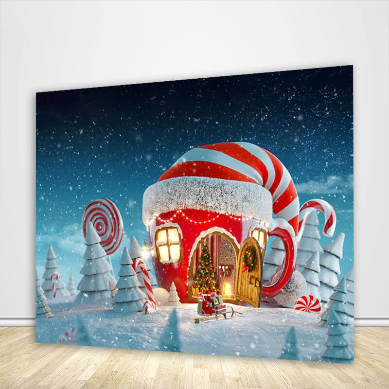 Christmas Photography Backdrop Christmas Hat House Lollipop Christmas Cane Backdrop - Designed, Printed & Shipped-ubackdrop