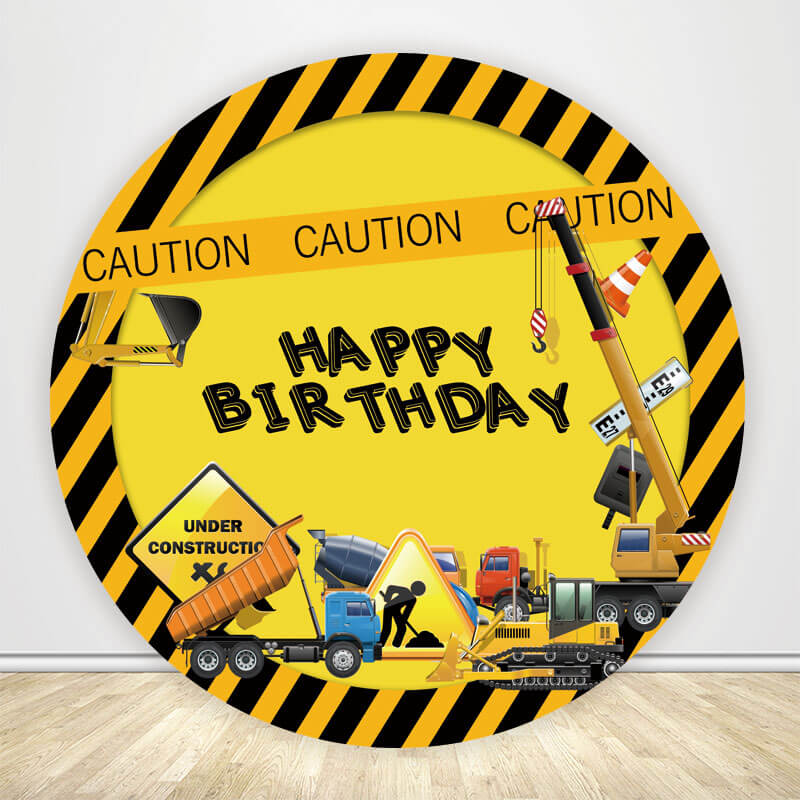 Construction Theme Birthday Party Boy Round Backdrop Cover-ubackdrop