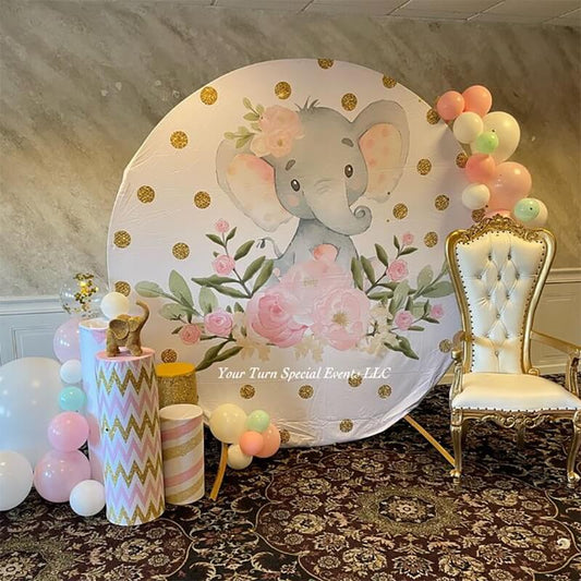 Elephant Baby Shower Girl Round Backdrop Cover-ubackdrop