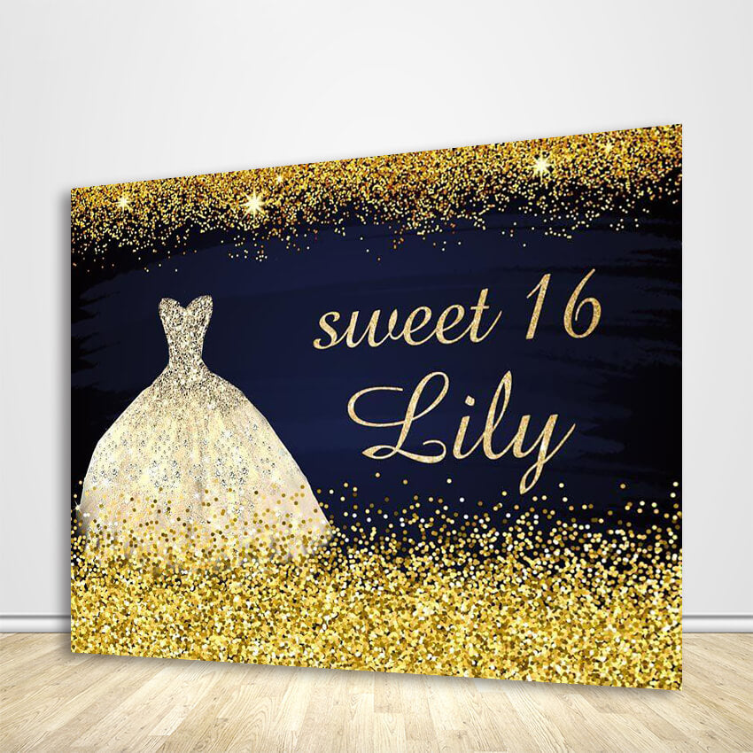 Gold and Black Sweet 16 Backdrop Girls 16th Birthday Party Decoration - Designed, Printed and Shipped-ubackdrop