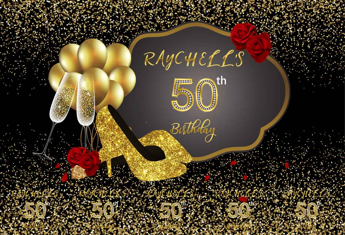 50th Birthday Backdrop Black and Gold Step and Repeat Birthday Banner-ubackdrop
