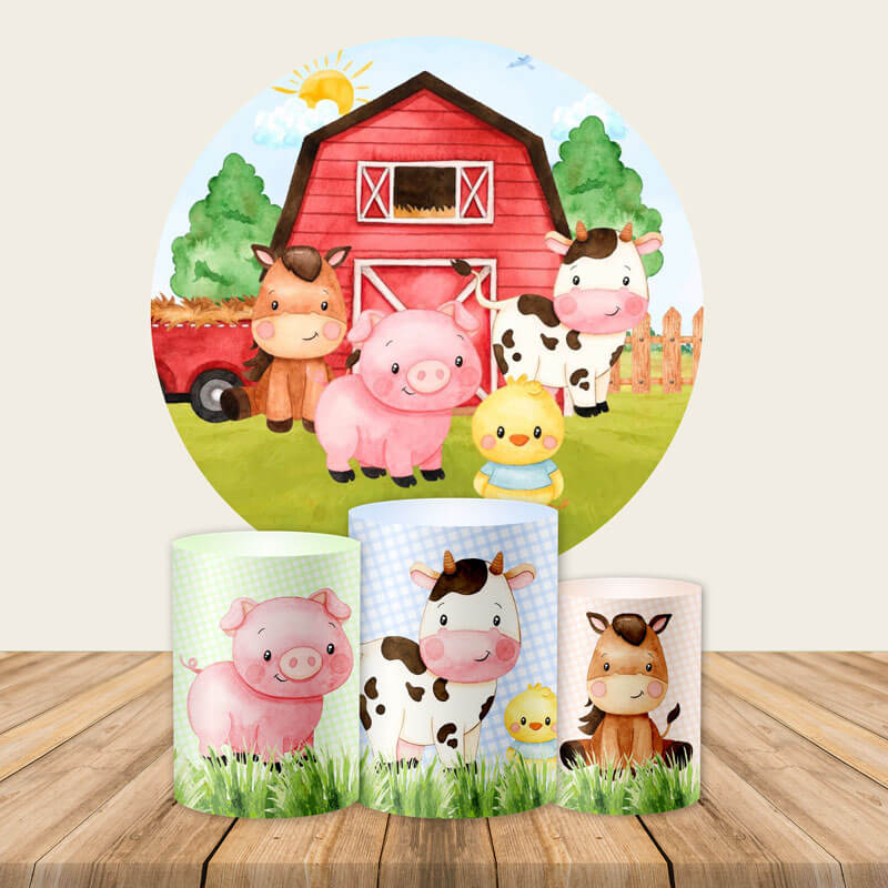 Custom Farm Theme Round Backdrop Red Barn Birthday Party Banner - Designed, Printed & Shipped-ubackdrop