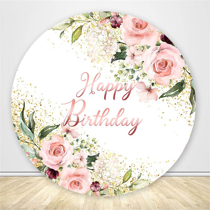 Happy Birthday Pink Floral Round Backdrop Cover-ubackdrop