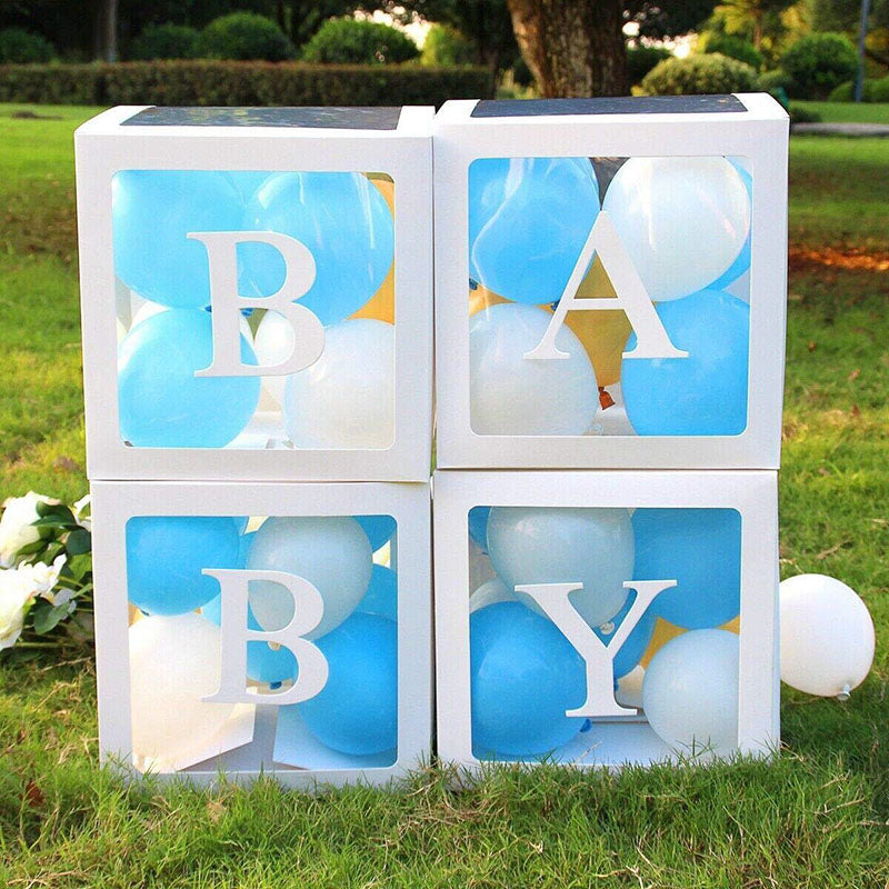 Baby Shower Boxes Party Decorations – 4pcs Transparent Balloons Boxes Décor with Letters-ubackdrop