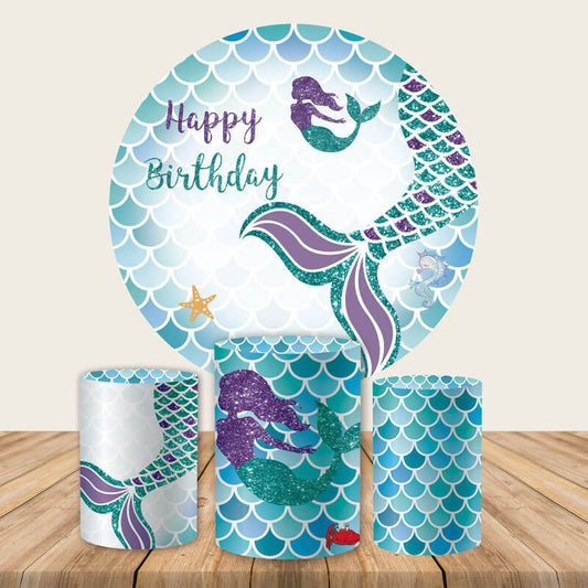 Mermaid Birthday Party Round Backdrop Cover-ubackdrop