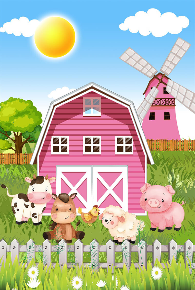 Pink Barn Cartoon Farm Animals Girl Birthday Party Backdrop-ubackdrop