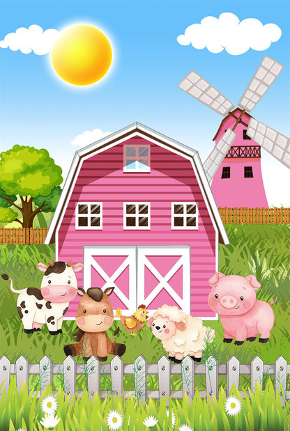 Pink Barn Cartoon Farm Animals Girl Birthday Party Backdrop-ubackdrop