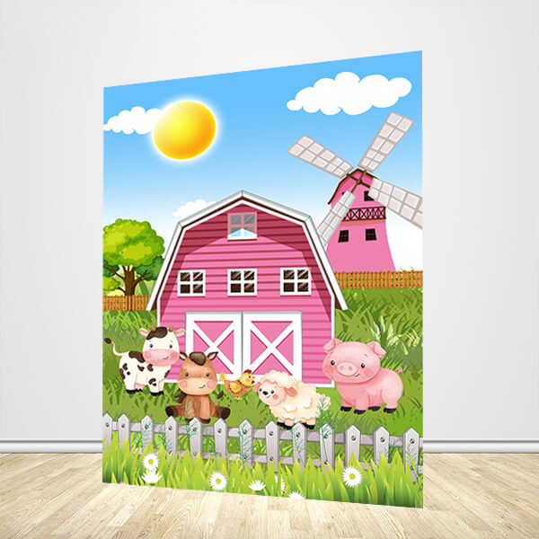 Pink Barn Cartoon Farm Animals Girl Birthday Party Backdrop-ubackdrop