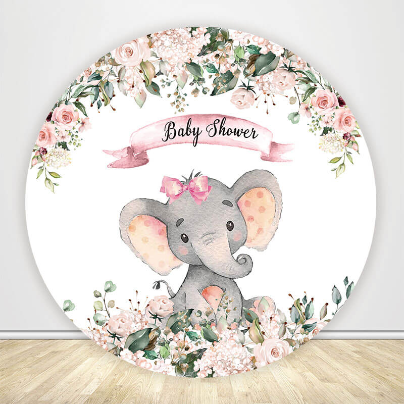 Pink Elephant Girl Baby Shower Round Backdrop Cover-ubackdrop
