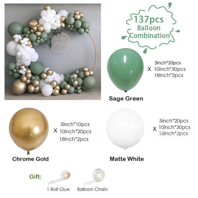 Retro Green White Gold Birthday Balloon Garland Arch Kit-ubackdrop