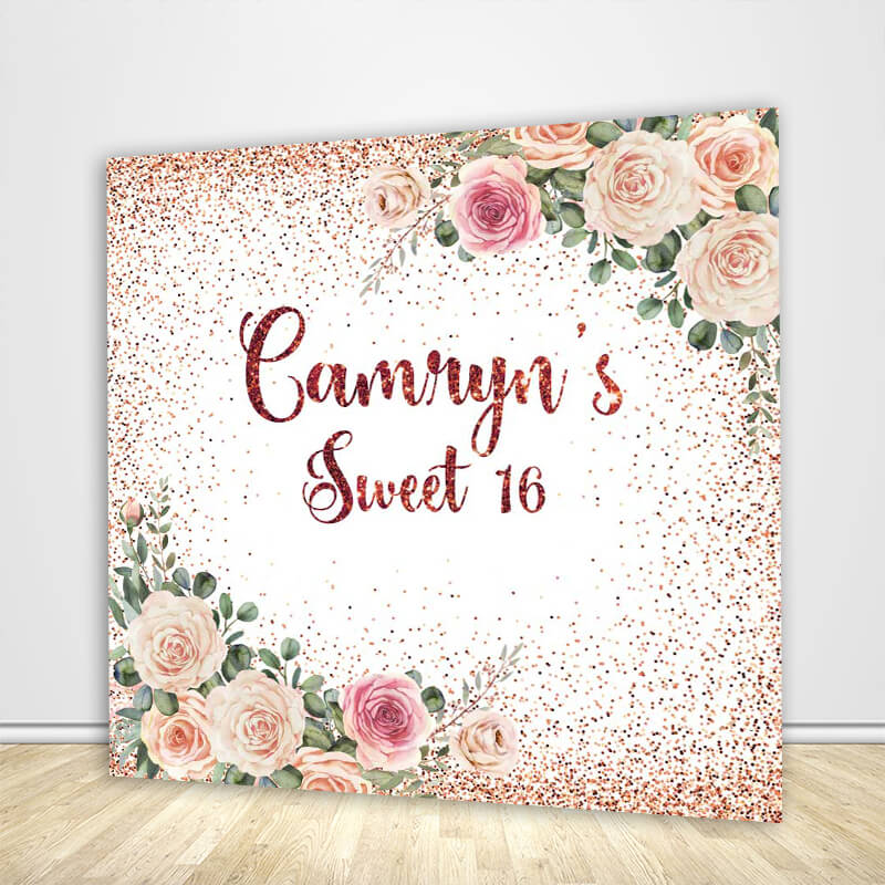 Rose Gold Glitter Sweet 16 Backdrop for Girl's 16th Birthday-ubackdrop