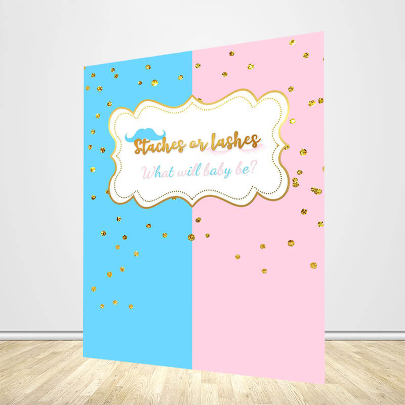 Staches or Lashes Gender Reveal Backdrop - Designed, Printed & Shipped-ubackdrop