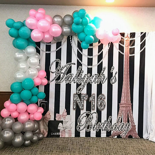 Stripes Inspired Eiffel Tower 16th Birthday Party Decoration Banner-ubackdrop