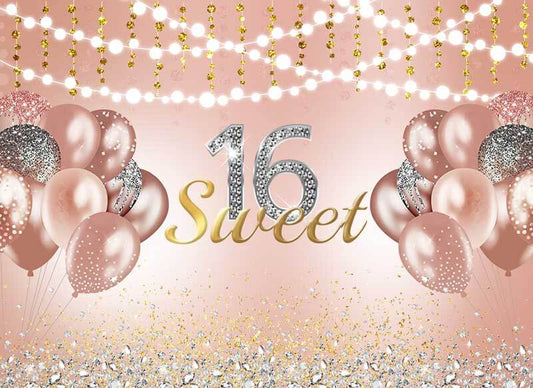 Sweet 16 Rose Gold Balloons Backdrop-ubackdrop