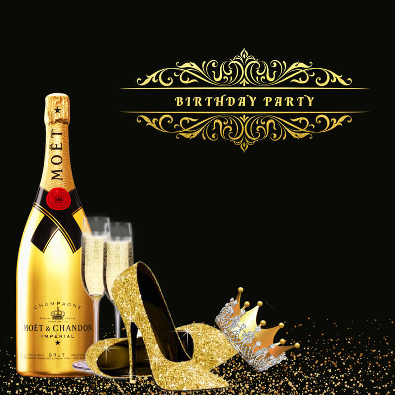 Black and Gold Backdrop 50th Birthday Backdrop Ideas Champagne High Heels Wine Glass Crown-ubackdrop