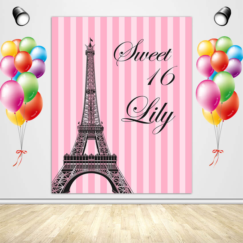 16th Birthday Backdrop Eiffel Tower Pink Stripes-ubackdrop