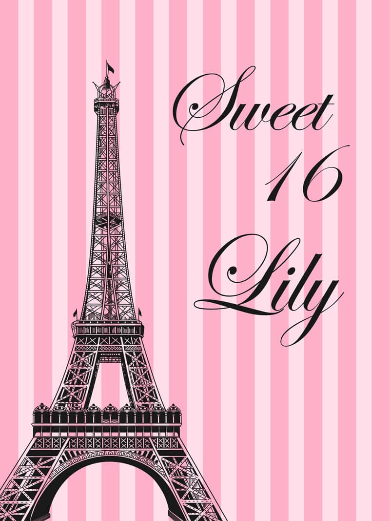 16th Birthday Backdrop Eiffel Tower Pink Stripes-ubackdrop