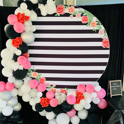 Black and White Stripes Round Backdrop | Floral Party Decoration - Designed, Printed and Shipped-ubackdrop