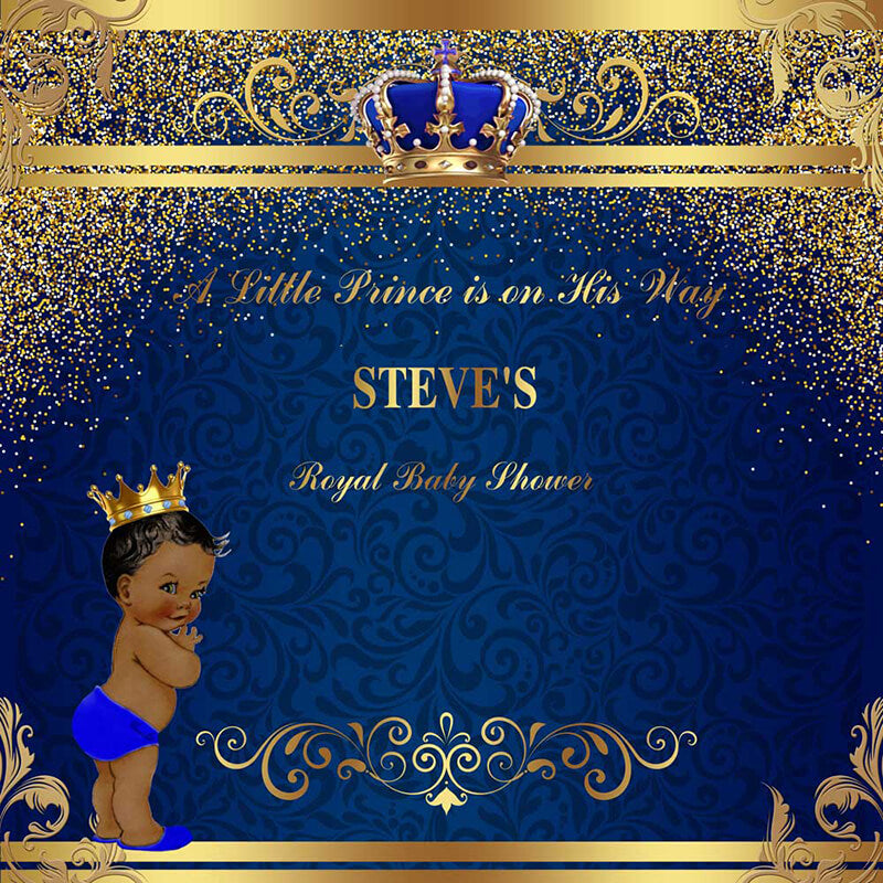Blue and Gold Royal Prince Baby Shower Backdrop - Designed, Printed & Shipped-ubackdrop