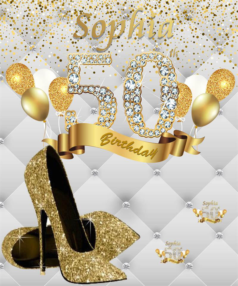 Gold and Silver Step and Repeat Birthday Backdrop with Heels - Designed, Printed & Shipped-ubackdrop