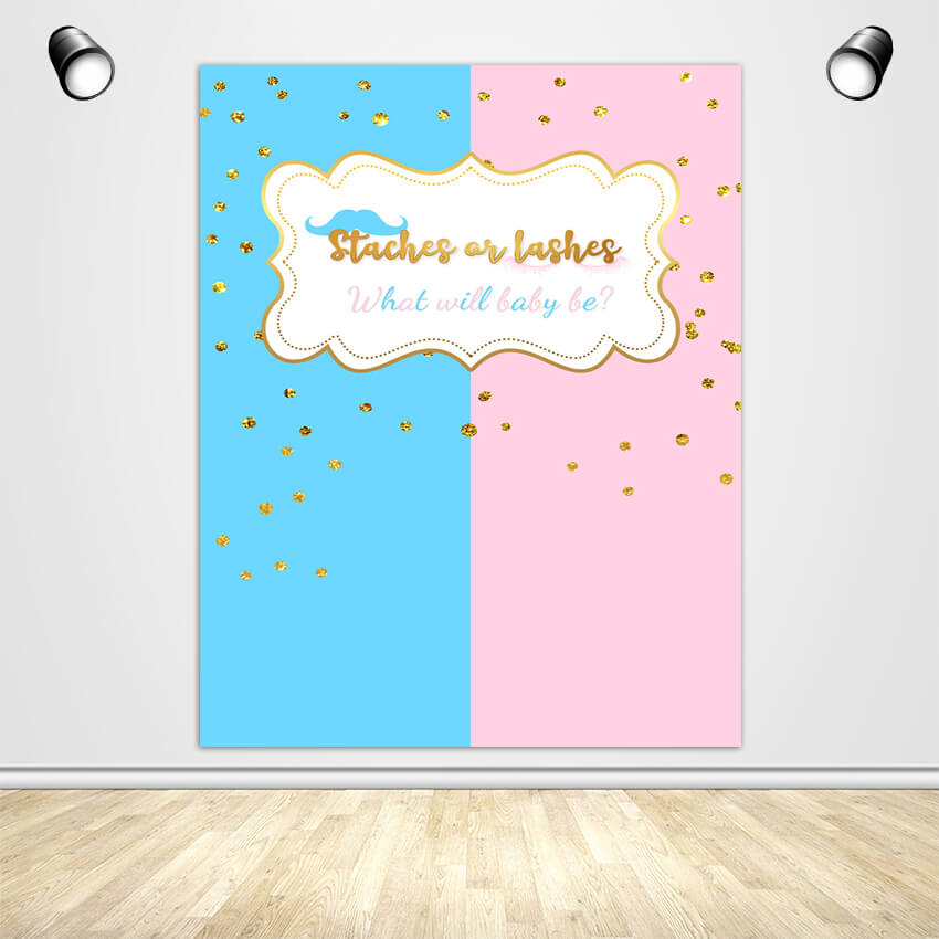 Staches or Lashes Gender Reveal Backdrop - Designed, Printed & Shipped-ubackdrop
