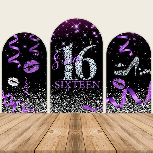 Black and Purple Sweet 16 Arch Walls Backdrop-ubackdrop