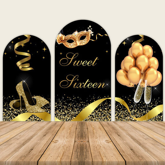 Black and Gold Sweet 16 Arch Walls Backdrop Birthday Party-ubackdrop