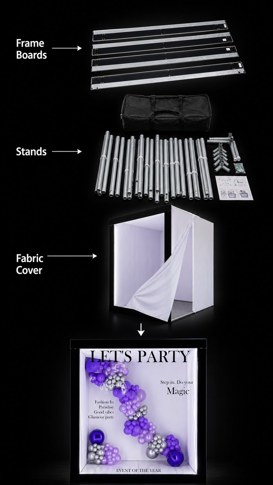 Photo booth frame, cover, hardware, bag and finished setup